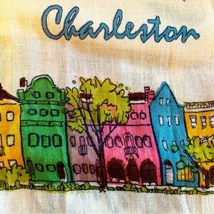 CHARLESTON Rainbow Row Colorful Print White Long Scarf Shawl! Self Fringe. New